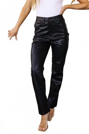 Judy Blue Womens High Waist Tummy Control Faux Leather Straight Leg Pants In Black