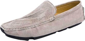 Generic Loafers for Men Genuine Leather Round Toe Leaf Embroidery Perforated Faux Fur Lined Option Lightweight Anti-Slip Flat Heel Flexible Casual Slip-on(Kha