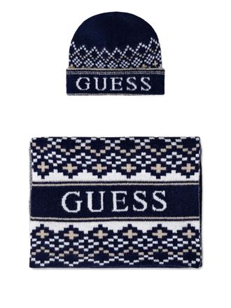 Guess Co patterned scarf and beanie hat set - Blue