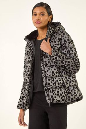 Roman Animal Print Flocked Hooded Coat