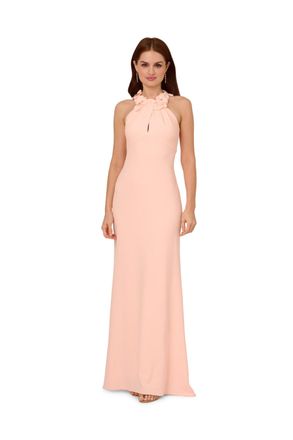 Adrianna Papell Womens Rosette Halter Crepe Gown - Pink - Size 12 UK