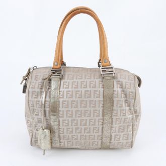 Fendi Zucchino Beige Brown Leather Canvas Handbag Tote Bag (Pre-Owned)