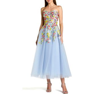 Mac Duggal Strapless Floral Embroidered A-Line Midi Dress in Periwinkle Multi at Nordstrom, Size 10