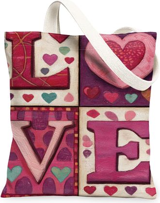 Generic Love Heart Canvas Tote Bags, Cute Heart Pattern Reusable Grocery Bags, Spring Vintage Chic Lightweight Washable Shoulder St, Peach, 13x15 Inch