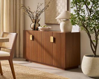 Castlery Sloane Sideboard, 59.1, Walnut by Castlery - Brown Finish, Adjustable Shelves, Fluted Panels, Brushed Brass Accents