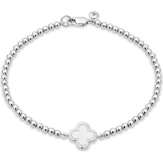 Devata Clover Beaded Ball Bracelet in Rhodium Plated Sterling Silver at Nordstrom, Size 7.5