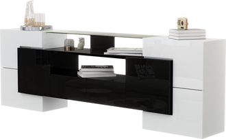 STILVORA Mueble Tv Con 6 Puertas, 2 Cajones Y Led, Blanco Y Negro Brillante, 200&times;35&times;60 Cm, En Tablero De Part&iacute;culas