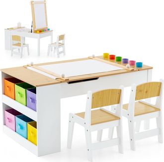 Costway Costway - Juego De Mesa Y 2 Silla De Arte Para Ni&ntilde;os, Escritorio De Juegos Y Manualidades 2 En 1 Para Ni&ntilde;os Con Mesa Elevable, Rollo De Papel, Vasos D