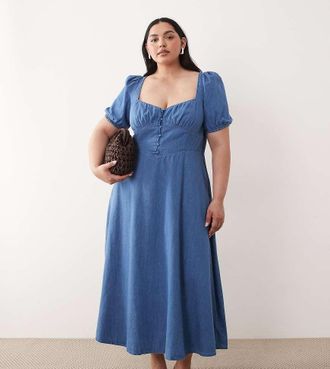 Nobody's Child Vestito midi in denim blu con bottoni sul davanti e maniche a sbuffo