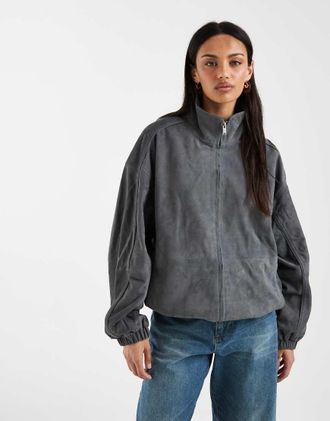 Asos Giacca grigia con collo a imbuto in vero camoscio-Grigio