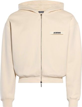 Jacquemus Mens Grosgrain Logo Zip-Up Hoodie - Beige Cotton - Size X-Large