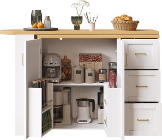 STILVORA Carrito De Cocina Extensible Con 2 Puertas, 3 Cajones, Cesta Lateral Y 5 Ruedas, Mdf Blanco, 135-228x39x104 Cm