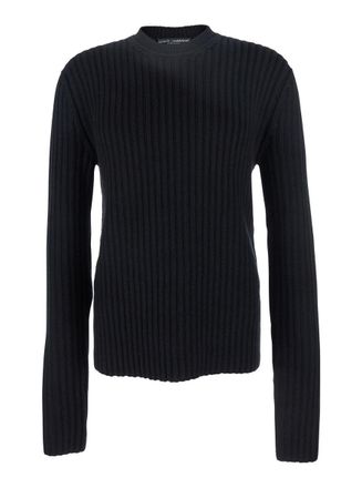 Dolce & Gabbana Black Ribbed Knit Crewneck Sweater With Logo Patch On The Rear In Wool Man