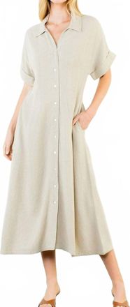 THML Clothing Short Sleeve Button Down Midi Dress In Beige