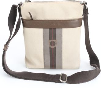 Ferragamo Gancini Beige Brown Leather Canvas Messenger Bag Shoulder Bag (Pre-Owned)