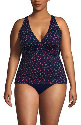 Lands End Chlorine Resistant Plunge X-Back Tankini Swimsuit Top in Cherry Jam Cherries/navy at Nordstrom, Size 3X