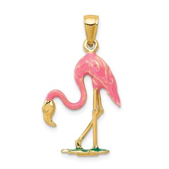 Diamond2Deal 10k Yellow Gold Enameled 3-D Pink Flamingo Pendant