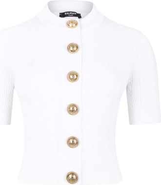 Balmain White Knit Button-Up Top