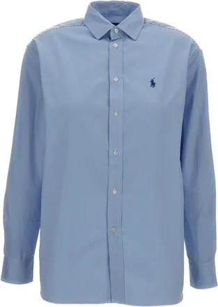 Polo Ralph Lauren Light Blue Striped Cotton Long-Sleeve Blouse with Classic Collar