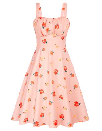 Belle Poque Womens Vintage Sleeveless Solid Floral Ruched Summer Cute A-Line Flowy Swing Midi Dress, Orange-peach, M