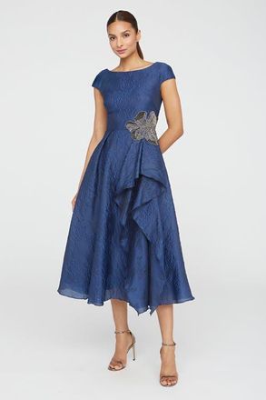 Theia Caity High Low Cocktail Bateau Neck Jacquard Dress in Midnight Celeste at Nordstrom, Size 10