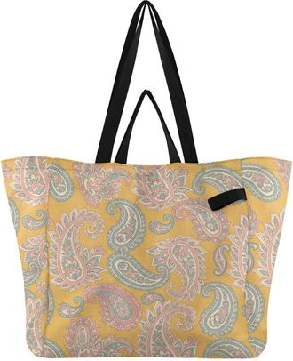 Generic Flowers Paisley Yellow print Reusable Canvas Tote Bag, Heavy Duty Grocery Shopping Bag with Large Capacity Double Handles Hard Bottom Work Groceries T