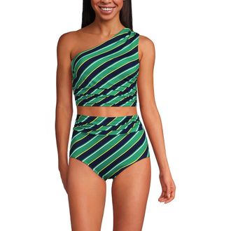Lands End Ruched One Shoulder Midkini Swimsuit Top in Green/navy Diagonal Stripe at Nordstrom, Size 14