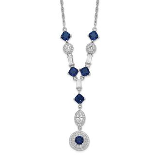 Diamond2Deal Sterling Silver Cushion-cut Blue Glass and Cubic Zirconia Dangle Y-Drop Necklace 18