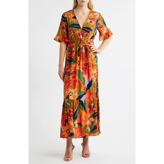 Halogen Floral Wrap Front Dress in Green Multi at Nordstrom Rack, Size X-Small