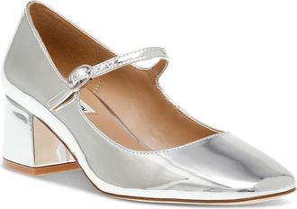 Steve Madden Hawke Pump Women Silver Patent Leather Mary Jane Block Heel RHS5175