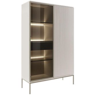 Vente-Unique Vetrina 2 ante e 1 cassetto con LED in MDF e Vetro fum&eacute; Beige e Nero OVILA