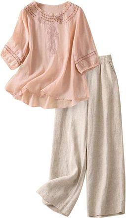 Generic Linen Co Ord Sets for Women Quarter Sleeve Embroidered Shirt Ladies Leisure Casual Summer Autumn 2 Piece Sets Outfits Loungewear Wide Leg Trousers Pal