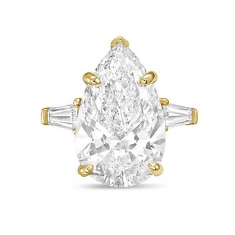 Diana M. Jewels 14kt yellow gold 3ct lab grown pear diamond ring with baguettes on the sides