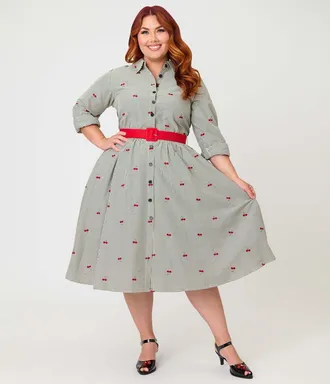 Unique Vintage Plus Size Long Sleeve Belted Shirt Dress in Grey Gingham Cherry Print at Nordstrom, Size 2X
