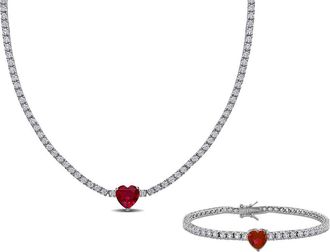 Delmar Lab Grown Ruby Heart & Lab Grown White Sapphire Tennis Necklace & Bracelet Set in Red at Nordstrom Rack