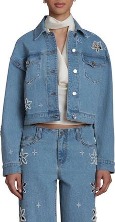 Avec Les Filles Faux Pearl Floral Denim Jacket in Fleur Stamp/nikki Wash at Nordstrom, Size X-Large