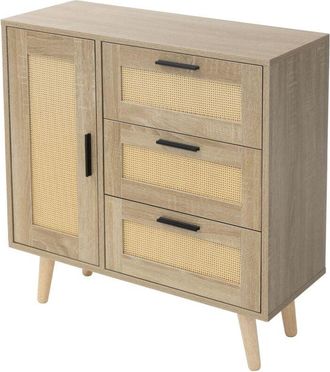 ML Design Cómoda Rústica de Madera con 1 Puerta y 3 Cajones, 74x76x30 cm Mueble de Diseño Minimalista Aspecto Roble con Detalles en Ratán, Armario con Patas