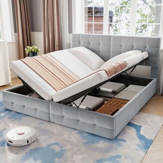 Matteo Upholstered Hydraulic Bed, Spliced Bed, Adults Teenagers, Double Bed in Grey