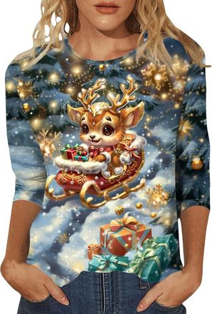 Generic Christmas Jumpers for Women Highland Cow Print Funny Christmas Sweatshirt, Ladies Xmas Tops, Round Neck 3/4 Sleeve Oversized Animal Graphic Holiday La