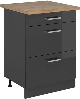 Vicco Mueble Bajo De Cocina R-line, Antracita Alto Brillo, 60 Cm Con Cajones, Et Roble