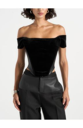 Mani&egrave;re De Voir Fae Velvet & Leather Bardot Corset Top in Black at Nordstrom, Size 14