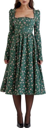 House of CB Delia Long Sleeve Midi Cocktail Dress in Christmas Print at Nordstrom, Size X-Small