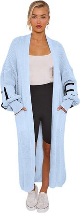 Janisramone Womens Love Print Balloon Sleeve Maxi Cardigan, Open Front Chunky Knit Maxi Cardigans for Women UK, Longline Warm Winter Sweater with Two Pockets Sky 