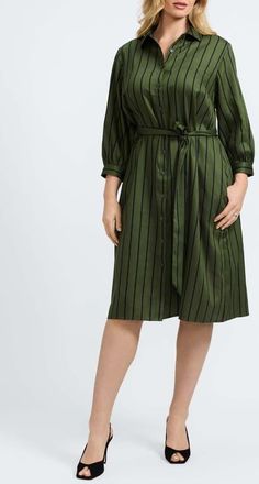 Foxcroft Esther Stripe Cotton Shirtdress in Basil Green/Black at Nordstrom, Size 1X