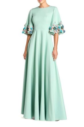 Mac Duggal Crepe 3/4 Sleeve 3D Flower Trim A Line Gown in Sage at Nordstrom, Size 14