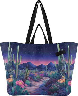 Generic Cactus Purple print Reusable Canvas Tote Bag, Heavy Duty Grocery Shopping Bag with Large Capacity Hard Bottom Double Handles Work Groceries Travel