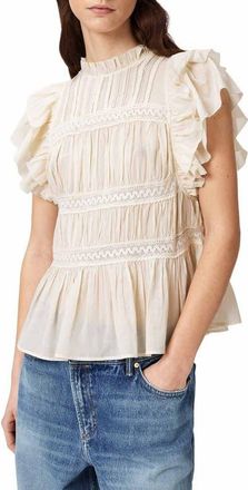 AllSaints Harriet Lace Trim Shirred Flutter Sleeve Peplum Top in Dove White at Nordstrom, Size 12 Us