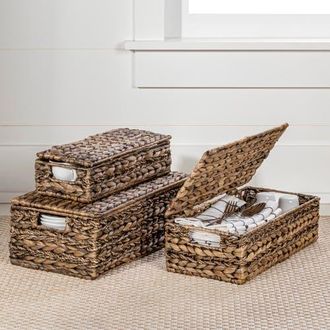 Happimess Sandrine Classic Farmhouse Handwoven Hyacinth Storage Baskets with Handles and Lids, in Brown at Nordstrom