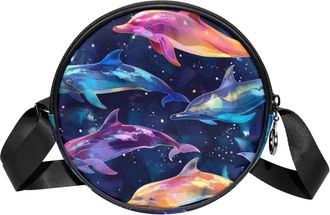 Generic Circle Crossbody Bag for Women, Colorful Dolphin Small Sling Bag Daypack with Zipper Adjustable Shoulder Straps Casual Ladies Girls Round Purse