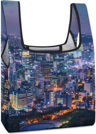 Generic SEOUL SOUTH KOREA SKYLINE GLOSSY Night View Shopping Bag Reusable Grocery Tote Bag Foldable Handbag for Travel Picnic